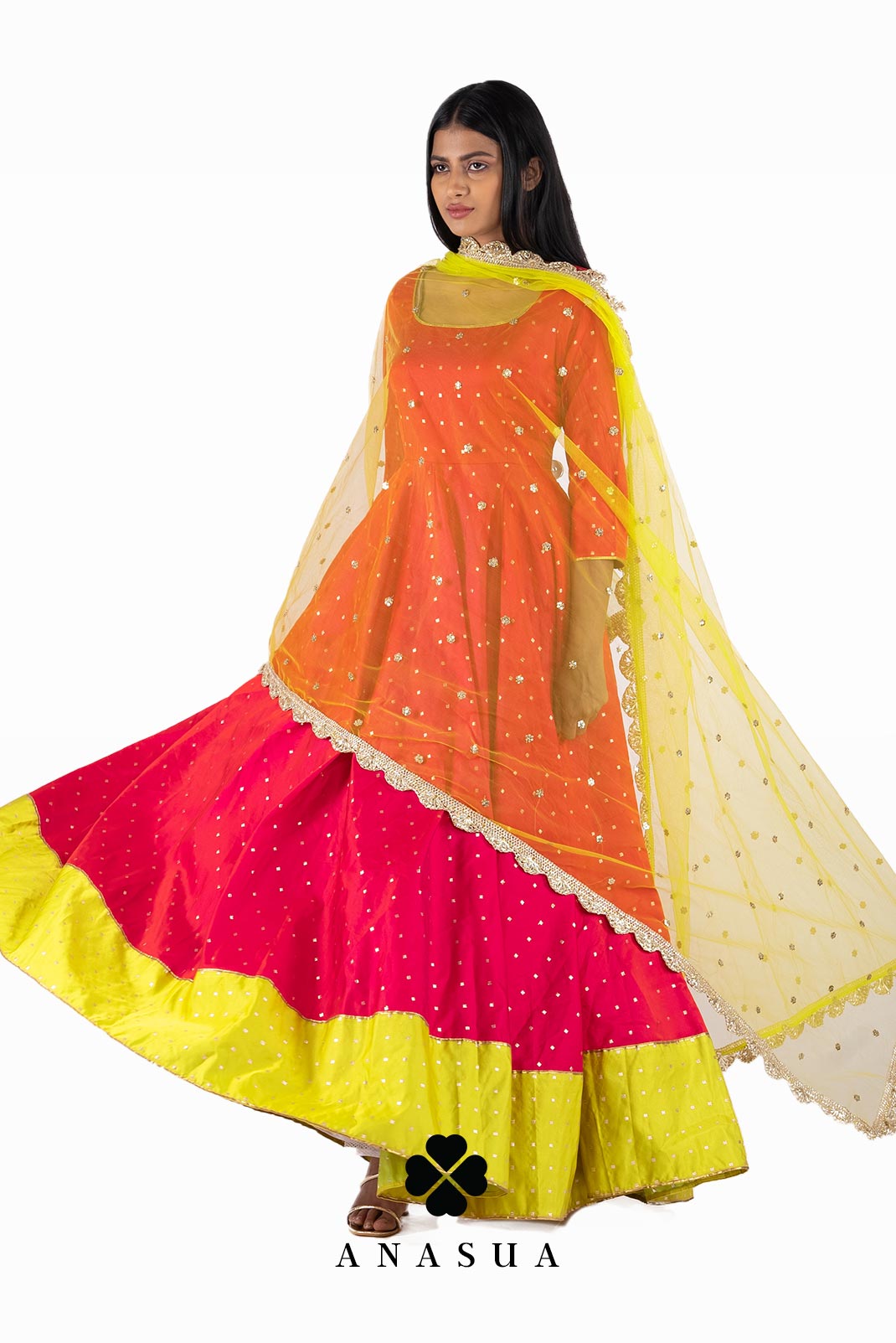 Pink and Lime Anarkali Dress Set | Anasua