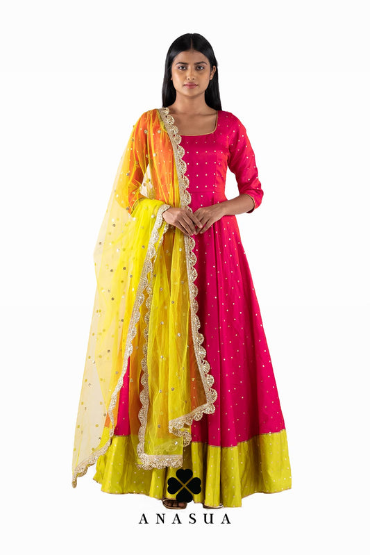 Pink and Lime Anarkali Dress Set | Anasua