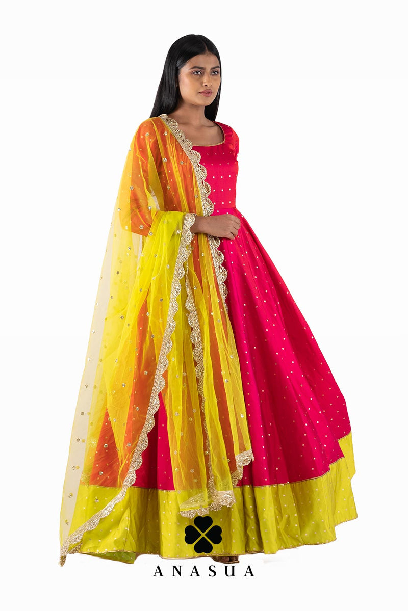 Pink and Lime Anarkali Dress Set | Anasua
