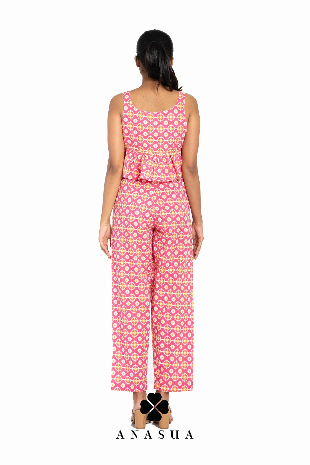 Pink Bandhani Print Peplum Top & Pant Co-Ord Set | Anasua