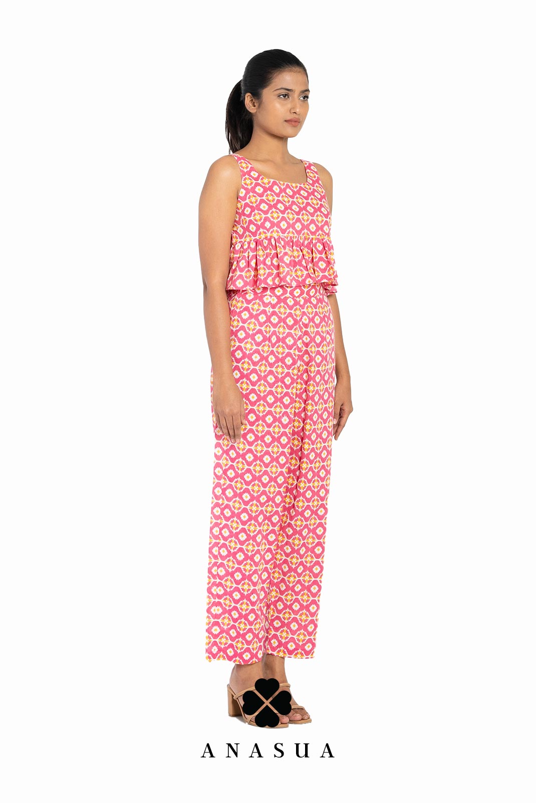 Pink Bandhani Print Peplum Top & Pant Co-Ord Set | Anasua