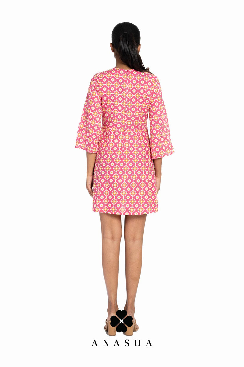 Pink Bandhani Printed Bell Sleeve Short Dress | Anasua