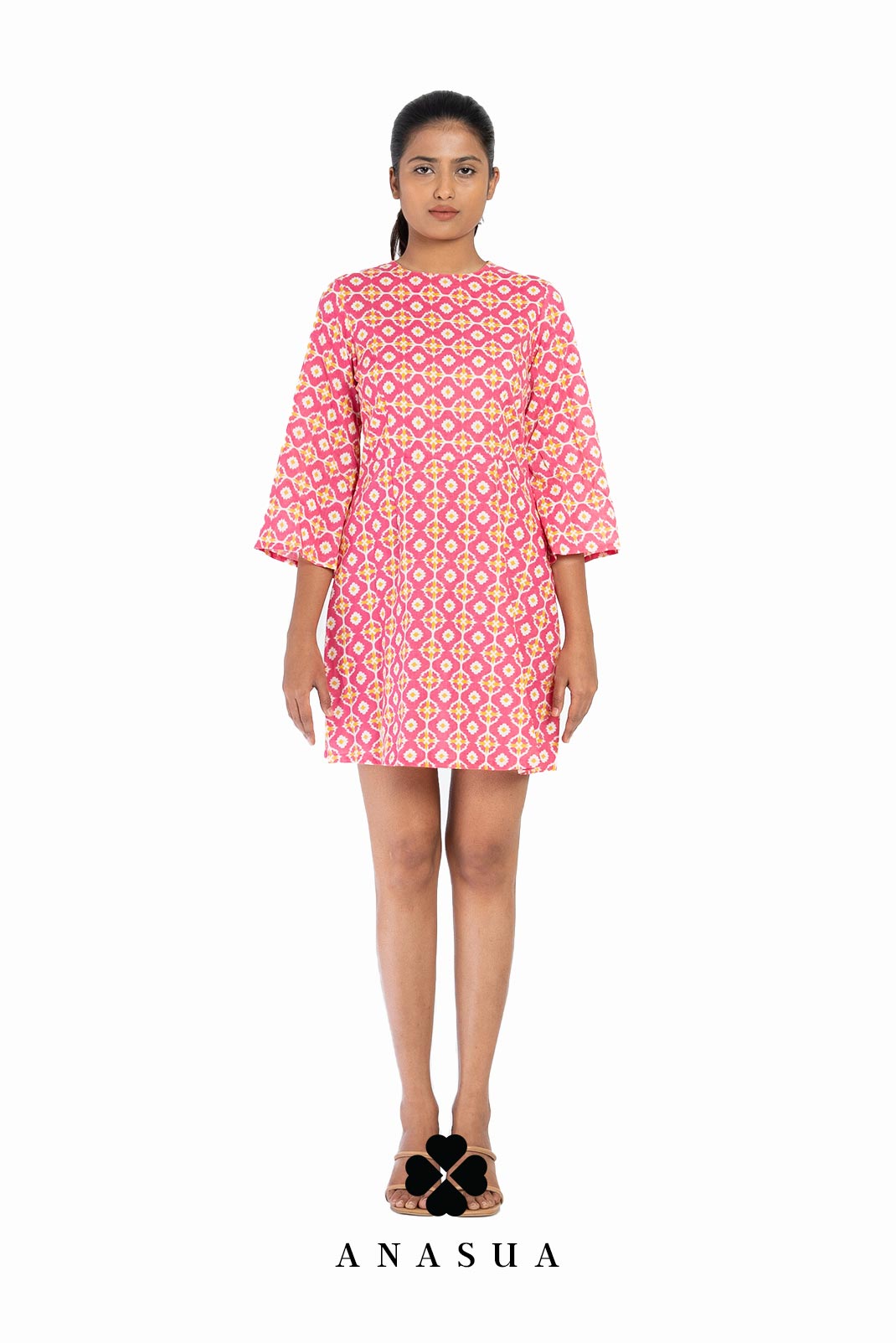 Pink Bandhani Printed Bell Sleeve Short Dress | Anasua