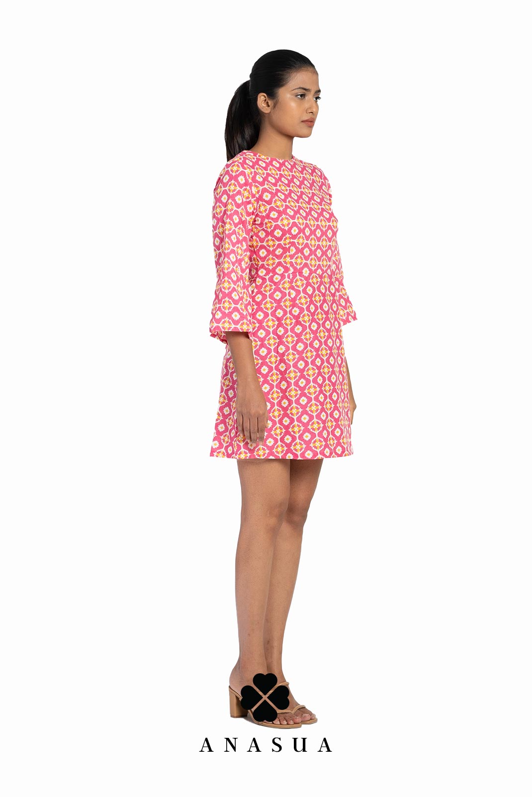 Pink Bandhani Printed Bell Sleeve Short Dress | Anasua