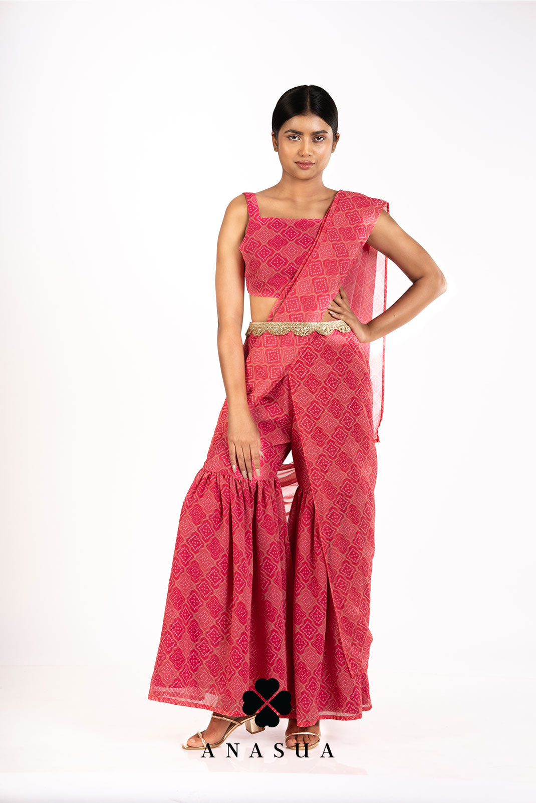 Pink Bandhani Sharara Saree Pant Set | Anasua