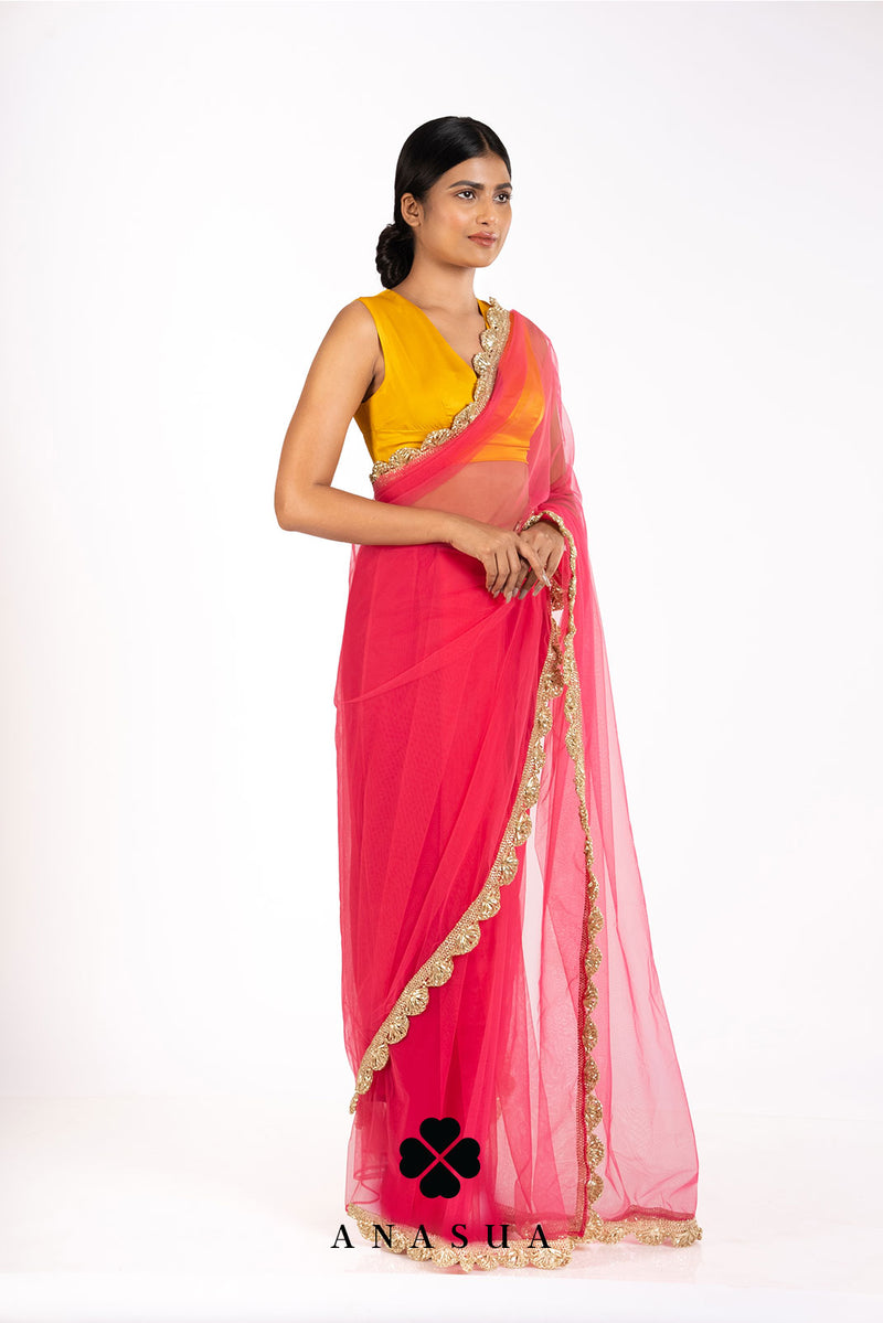 Pink Net Saree Set | Anasua