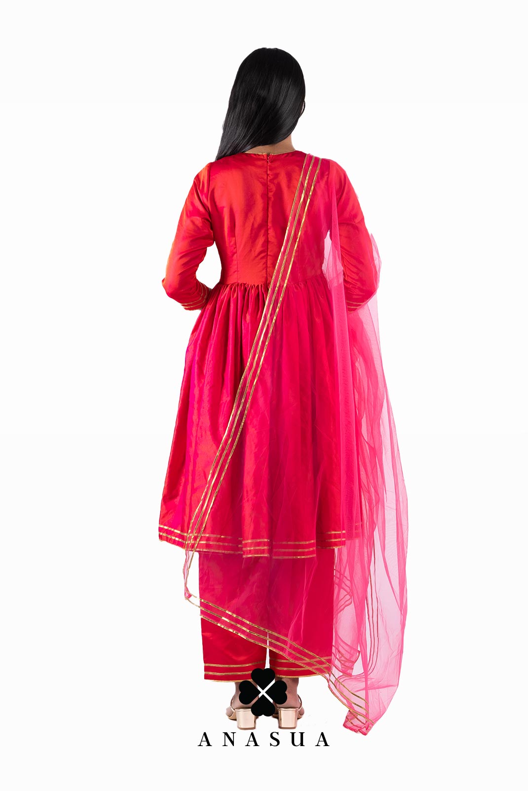 Pink Silk V-Neck Anarkali Kurta Set| Anasua