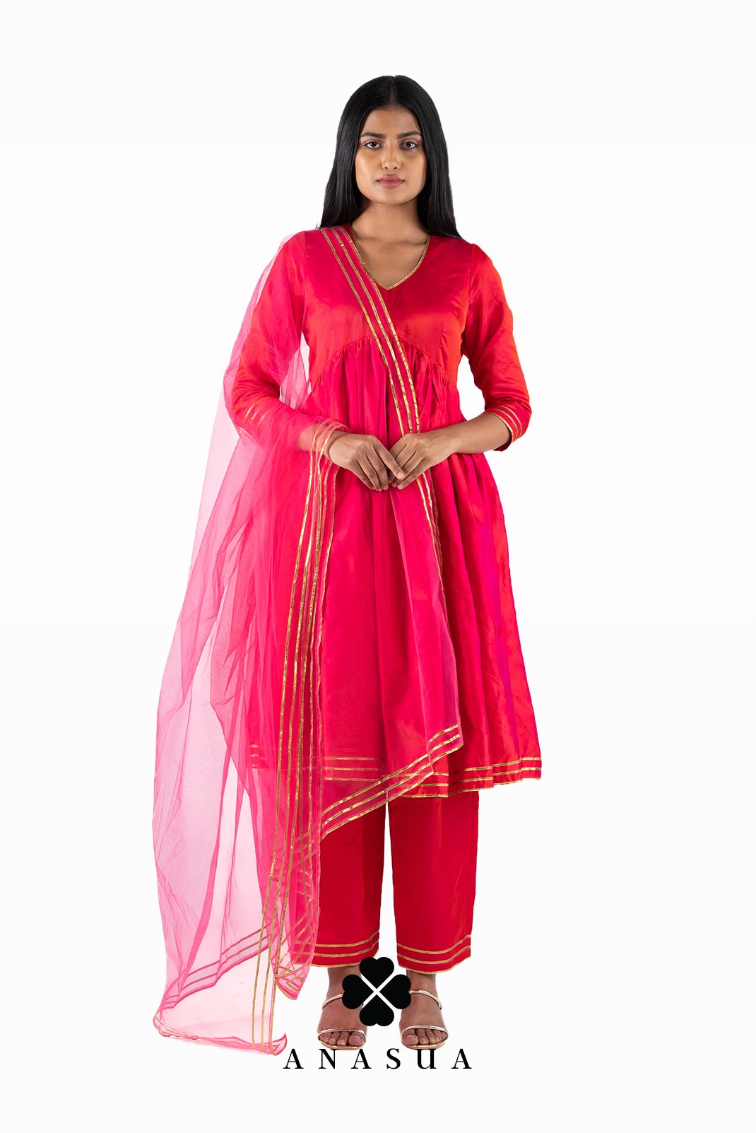 Pink Silk V-Neck Anarkali Kurta Set| Anasua