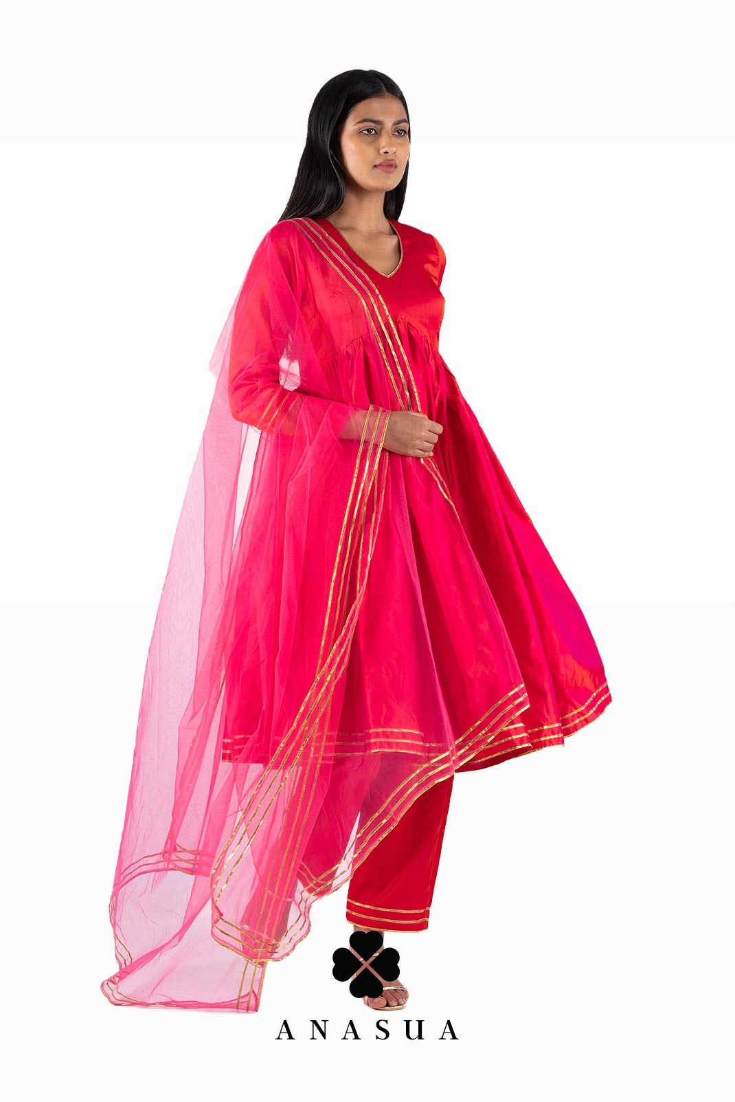 Pink Silk V-Neck Anarkali Kurta Set| Anasua