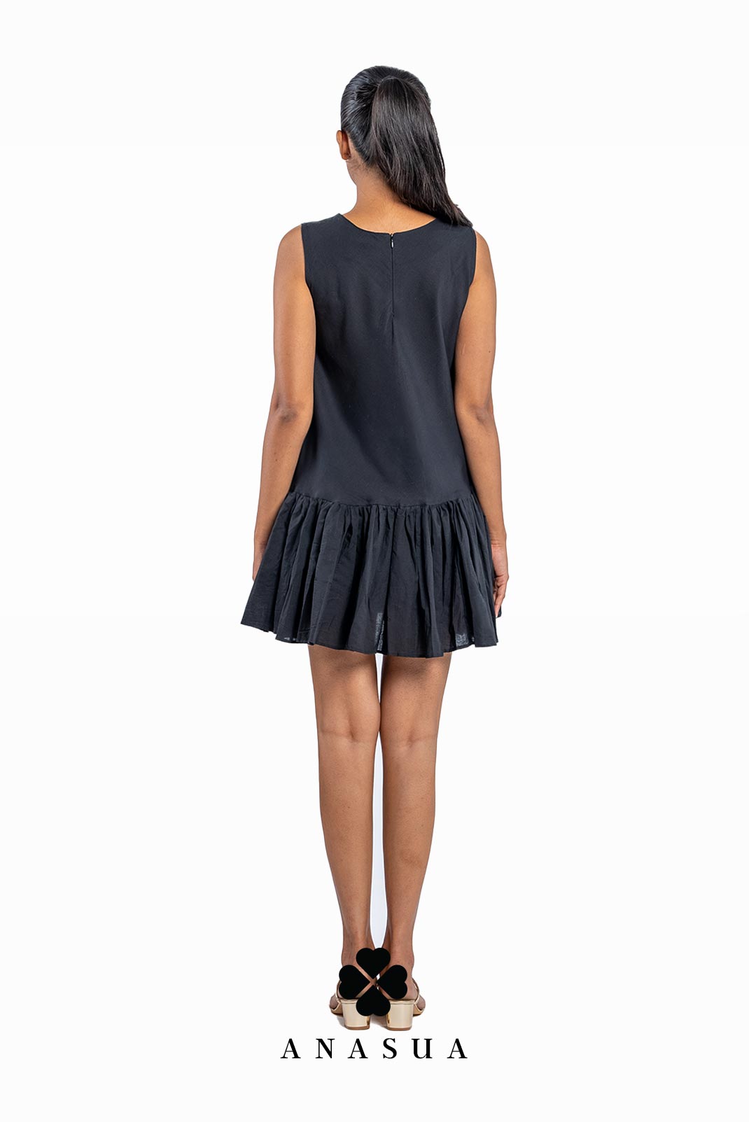 Pleated Hem Black Shift Dress | Anasua