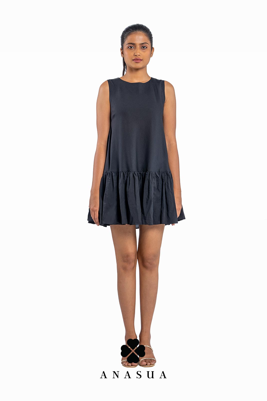 Pleated Hem Black Shift Dress | Anasua