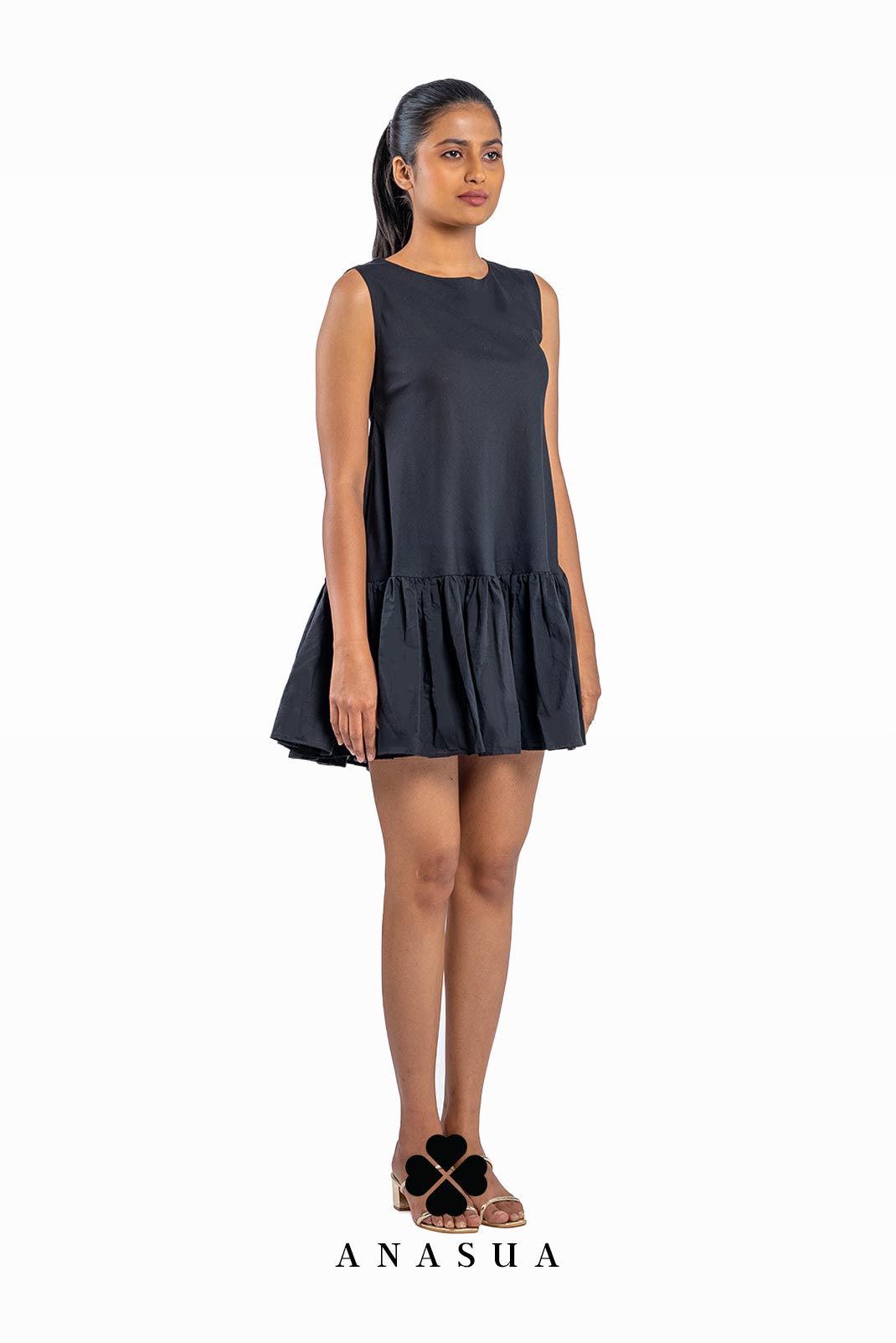 Pleated Hem Black Shift Dress | Anasua