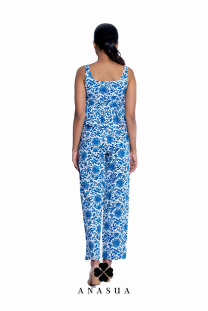 Porcelain Blue Floral Peplum Top & Pant Co-Ord Set | Anasua