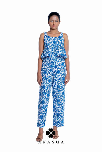 Porcelain Blue Floral Peplum Top & Pant Co-Ord Set | Anasua