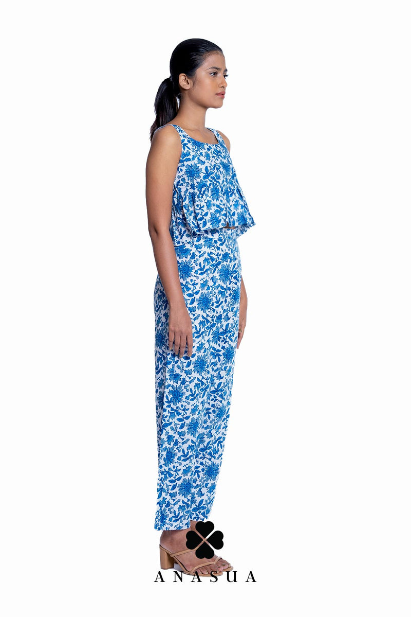 Porcelain Blue Floral Peplum Top & Pant Co-Ord Set | Anasua