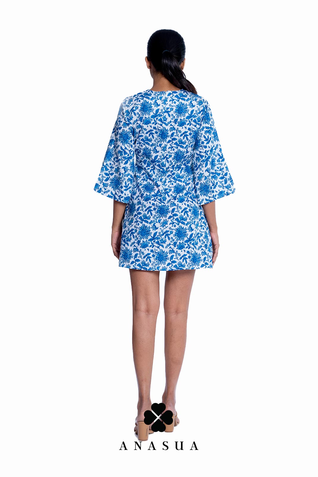 Porcelain Blue Floral Printed Bell Sleeve Dress | Anasua