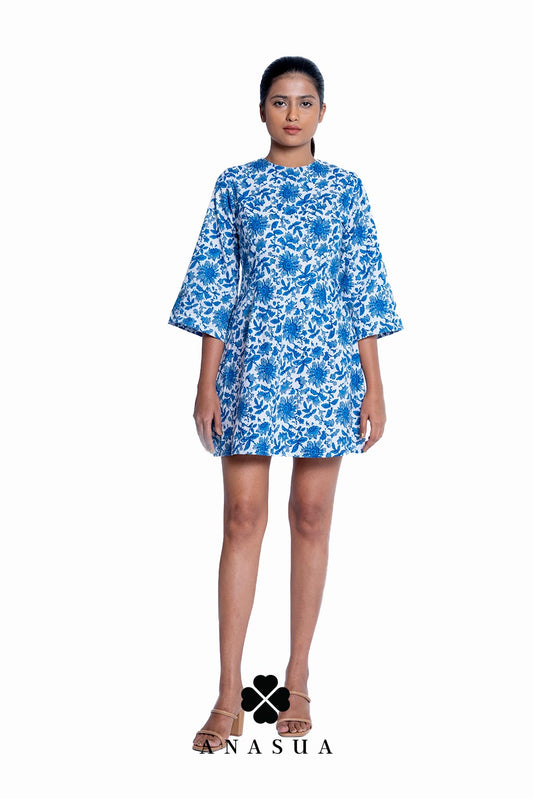 Porcelain Blue Floral Printed Bell Sleeve Dress | Anasua