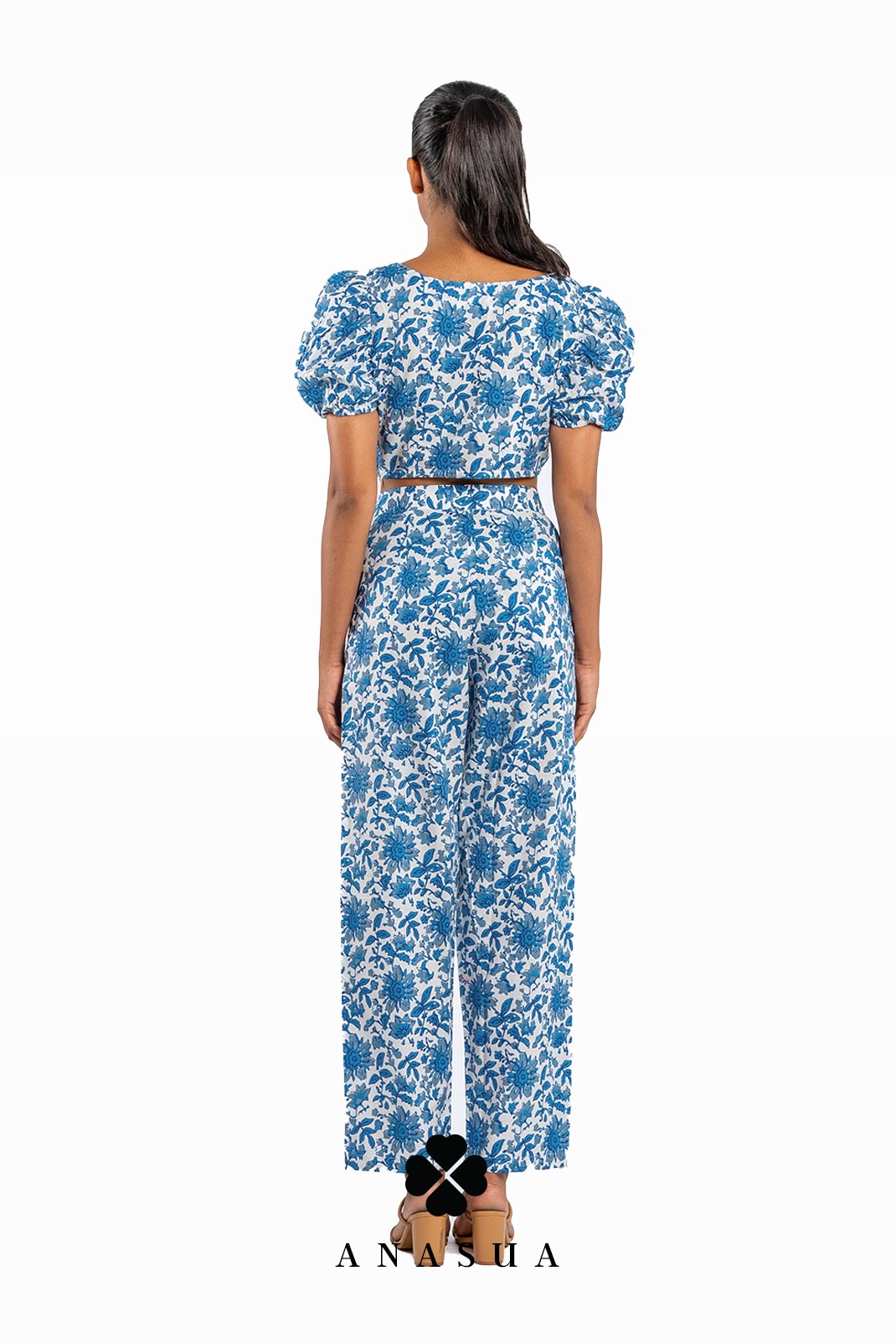 Porcelain Blue Floral Puff Sleeve Crop Top & Pant Co-Ord Set | Anasua