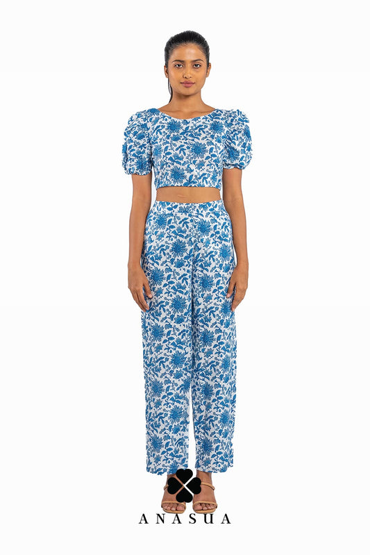 Porcelain Blue Floral Puff Sleeve Crop Top & Pant Co-Ord Set | Anasua x Sunitha Scharma