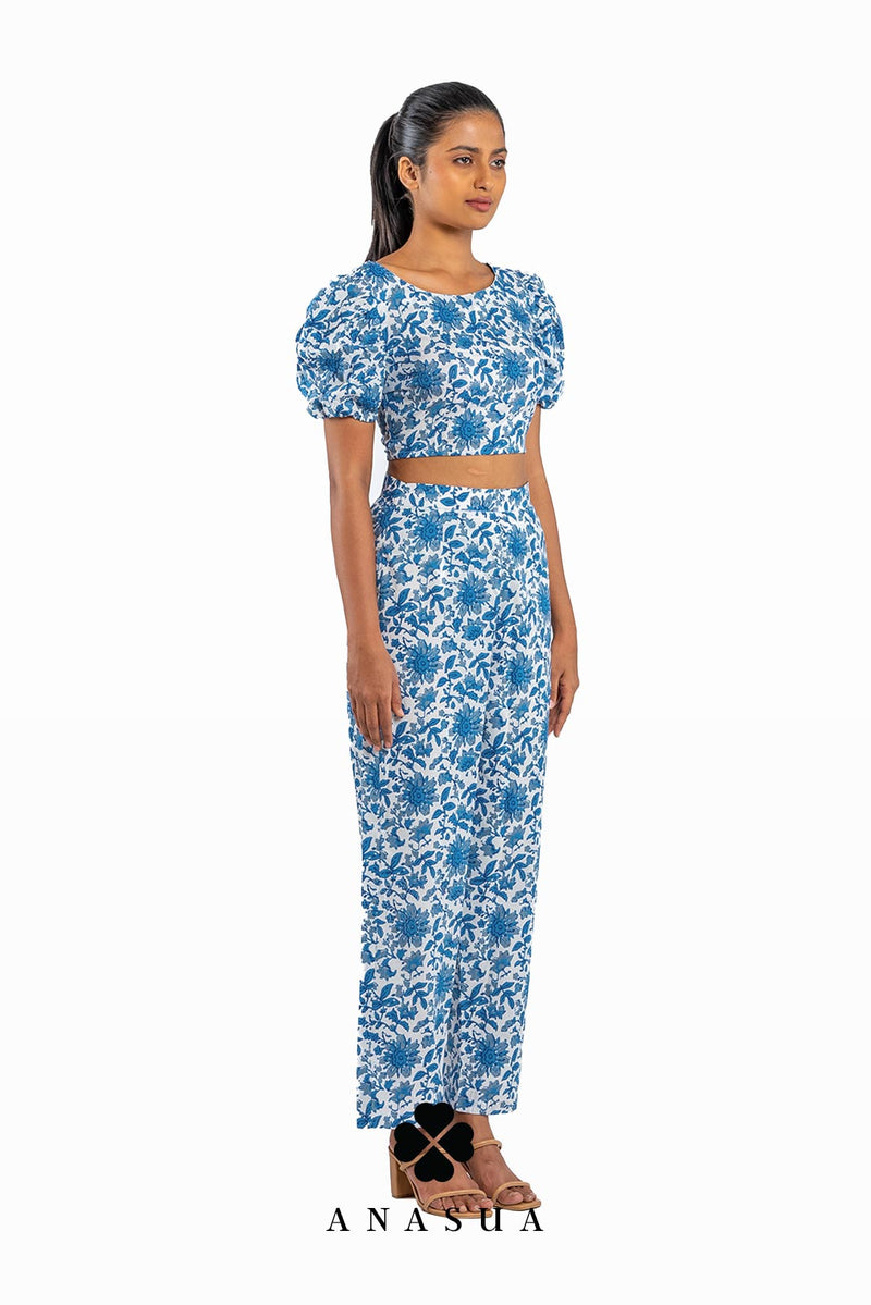 Porcelain Blue Floral Puff Sleeve Crop Top & Pant Co-Ord Set | Anasua