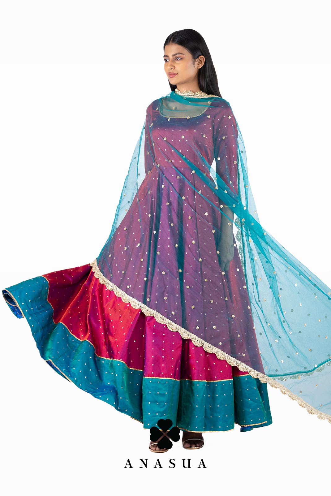 Purple and Turquoise Anarkali Dress Set | Anasua