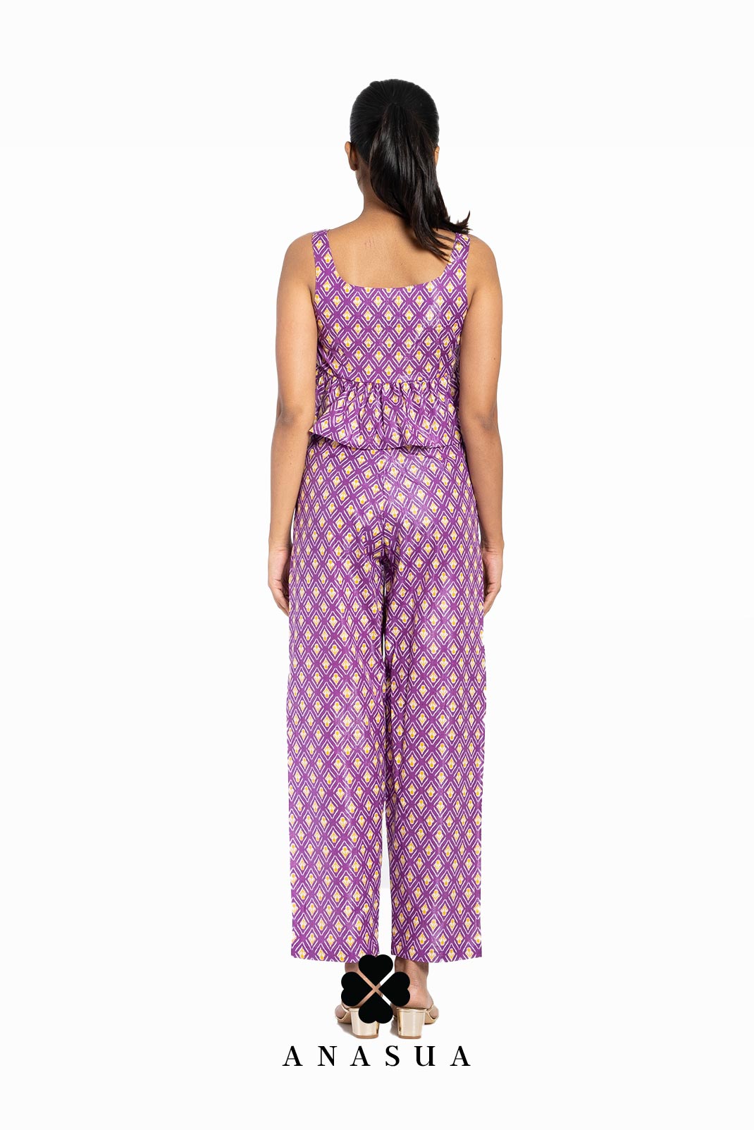 Purple Ikat Print Peplum Top & Pant Co-Ord Set | Anasua