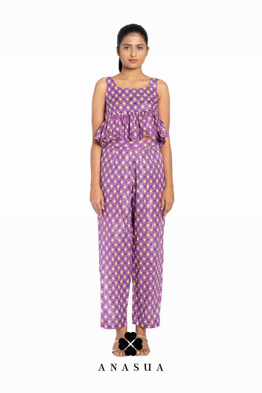 Purple Ikat Print Peplum Top & Pant Co-Ord Set | Anasua