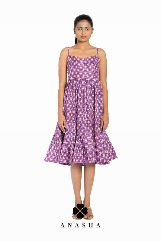 Purple Ikat Print Spaghetti Strap Midi Sundress | Anasua