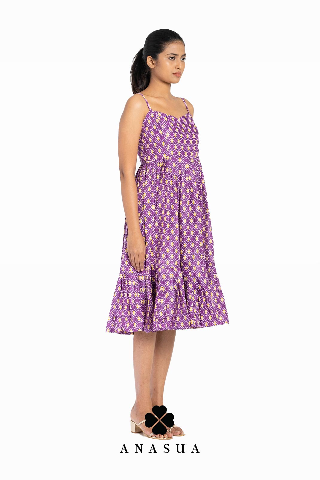 Purple Ikat Print Spaghetti Strap Midi Sundress | Anasua