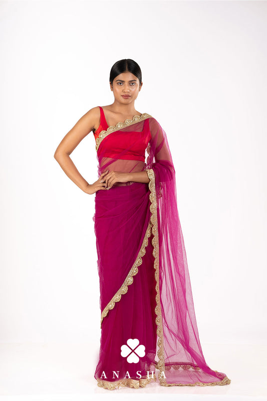 Purple Net Saree Set | Anasua