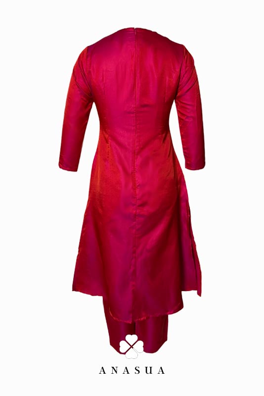 Rani Pink Silk A-Line Kurta Set with Navy Blue Banaras Dupatta | Anasua