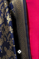 Rani Pink Silk A-Line Kurta Set with Navy Blue Banaras Dupatta | Anasua