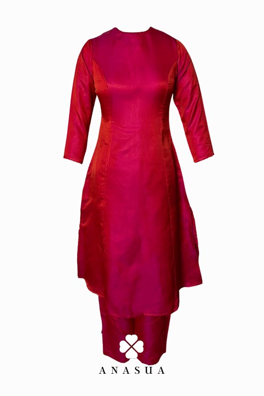 Rani Pink Silk A-Line Kurta Set with Navy Blue Banaras Dupatta | Anasua