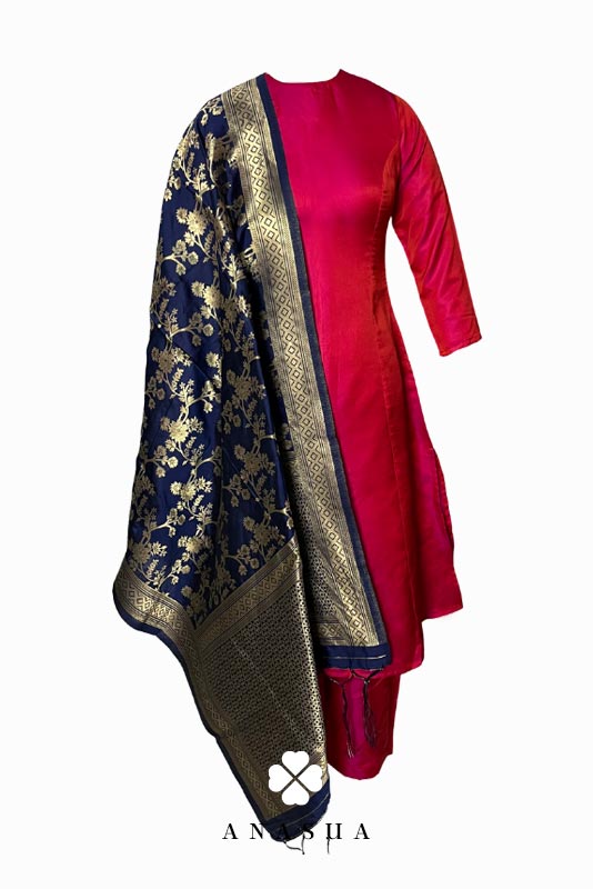 Rani Pink Silk A-Line Kurta Set with Navy Blue Banaras Dupatta | Anasua