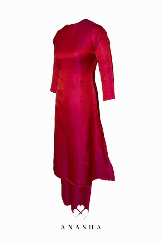 Rani Pink Silk A-Line Kurta Set with Navy Blue Banaras Dupatta | Anasua