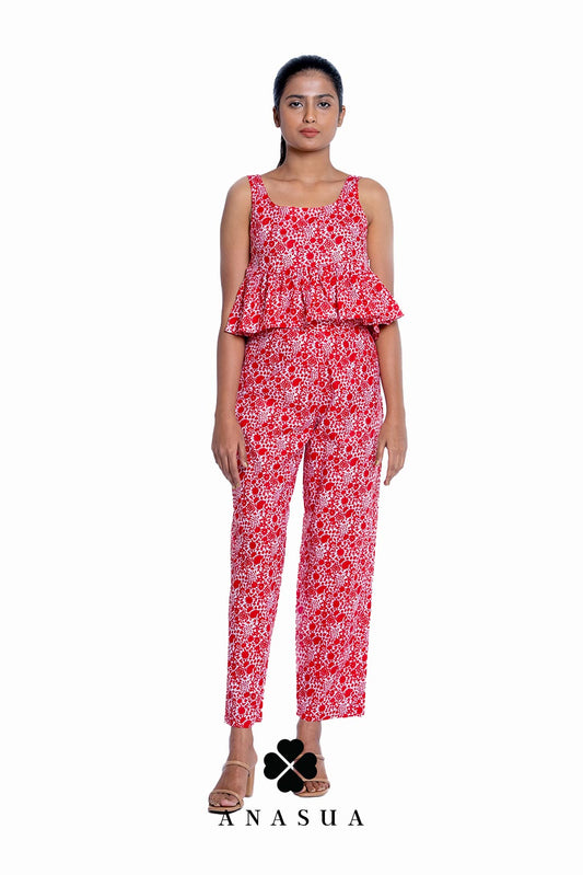 Red Floral Peplum Top & Pant Co-Ord Set | Anasua