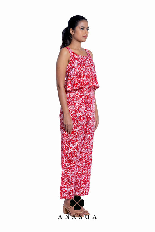 Red Floral Peplum Top & Pant Co-Ord Set | Anasua