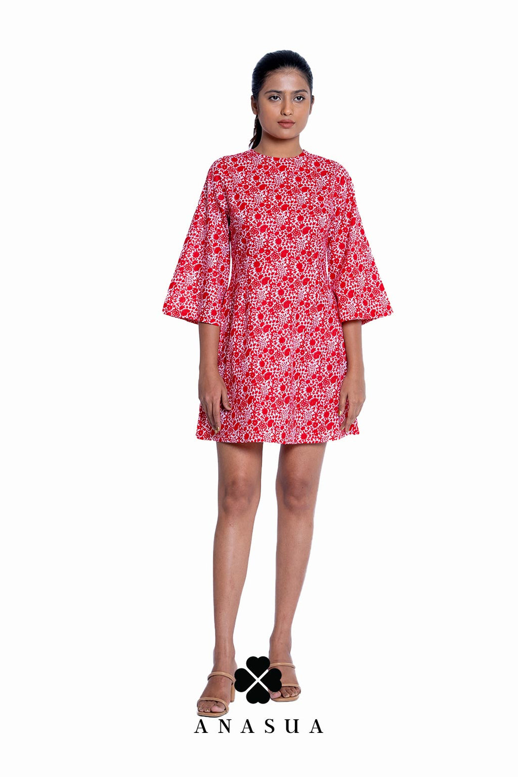Red Floral Printed Bell Sleeve Dress | Anasua