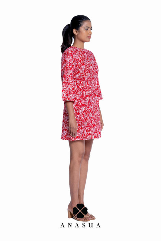 Red Floral Printed Bell Sleeve Dress | Anasua