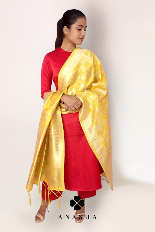 Red Silk A-Line Kurta Set with Mustard Yellow Banaras Dupatta | Anasua