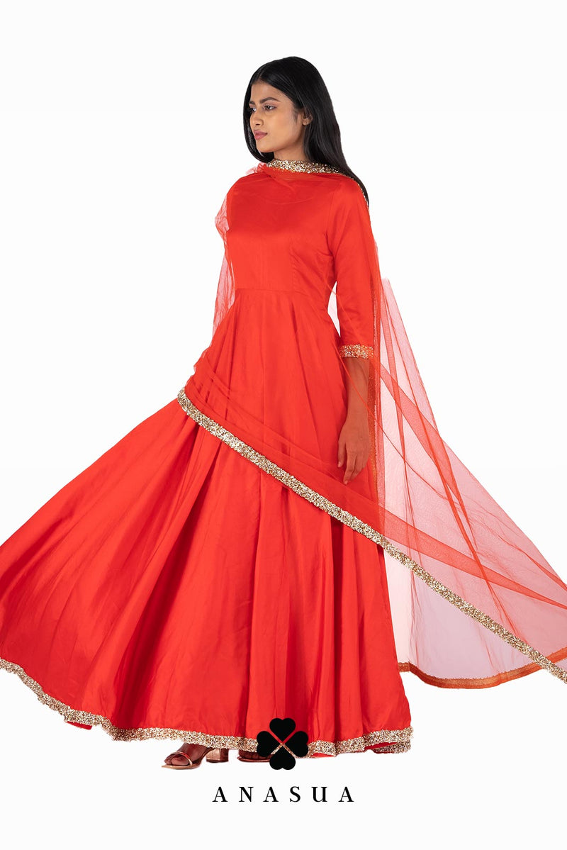 Red Silk Anarkali Dress Set | Anasua