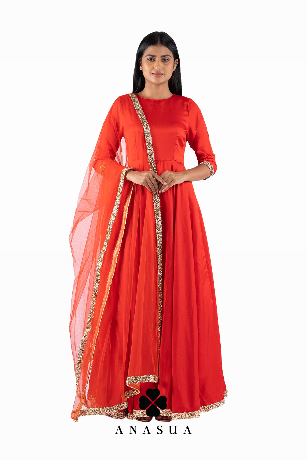 Red Silk Anarkali Dress Set | Anasua