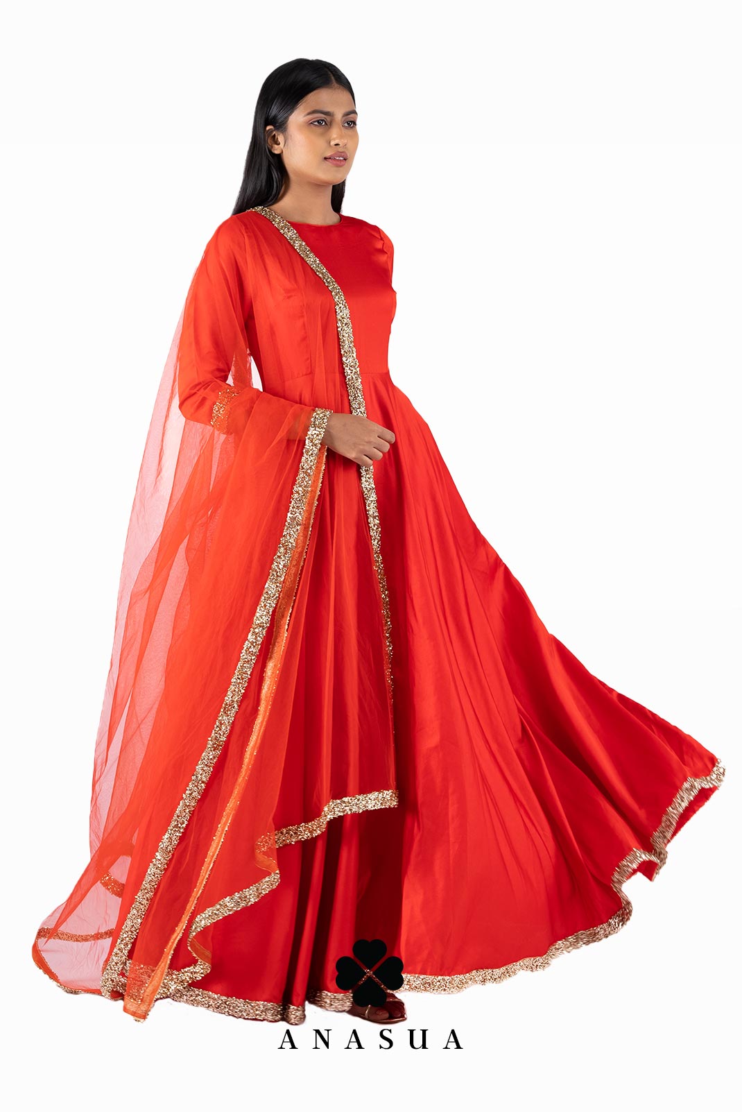 Red Silk Anarkali Dress Set | Anasua