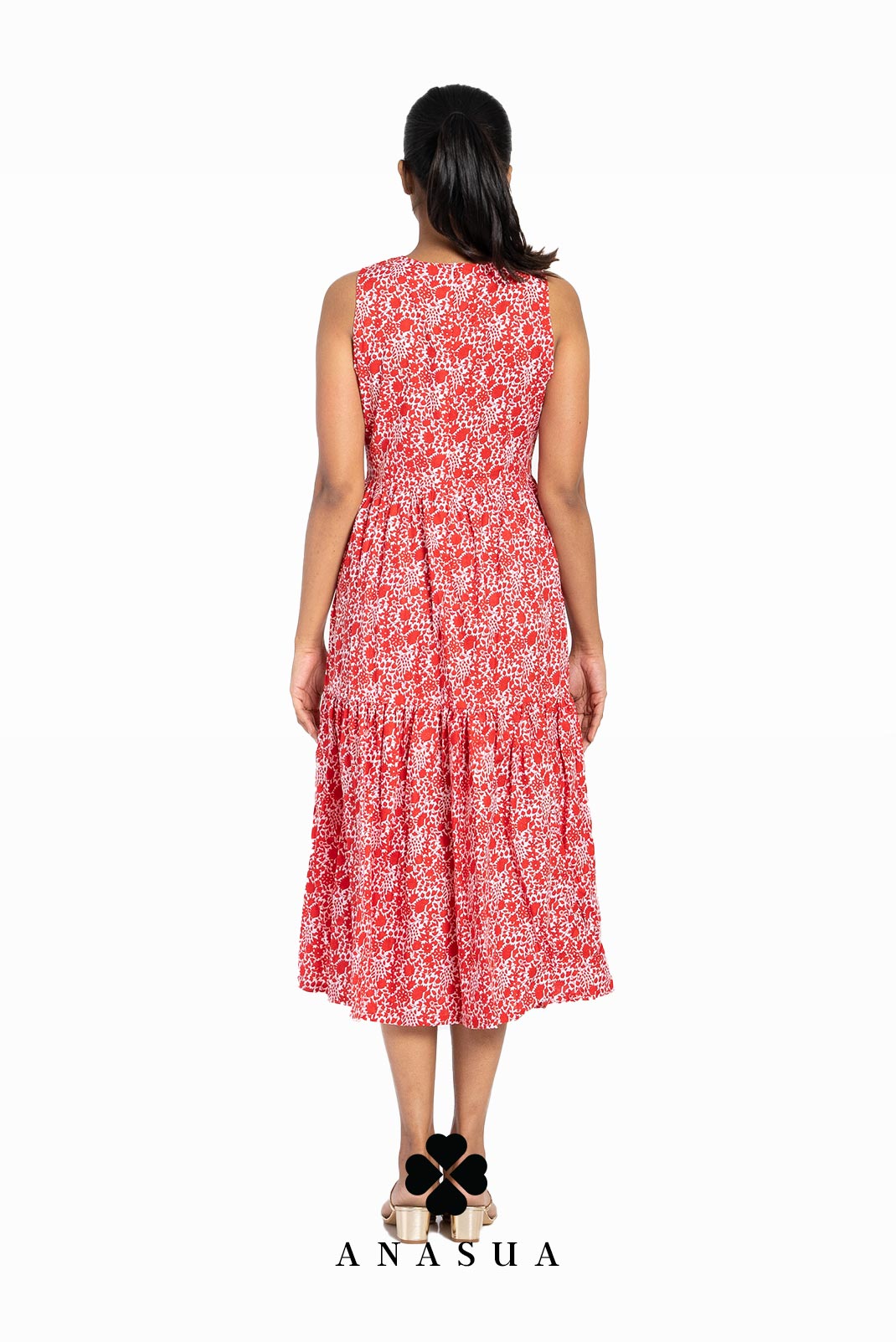 Red Tiered Midi Sundress with Floral Print | Anasua