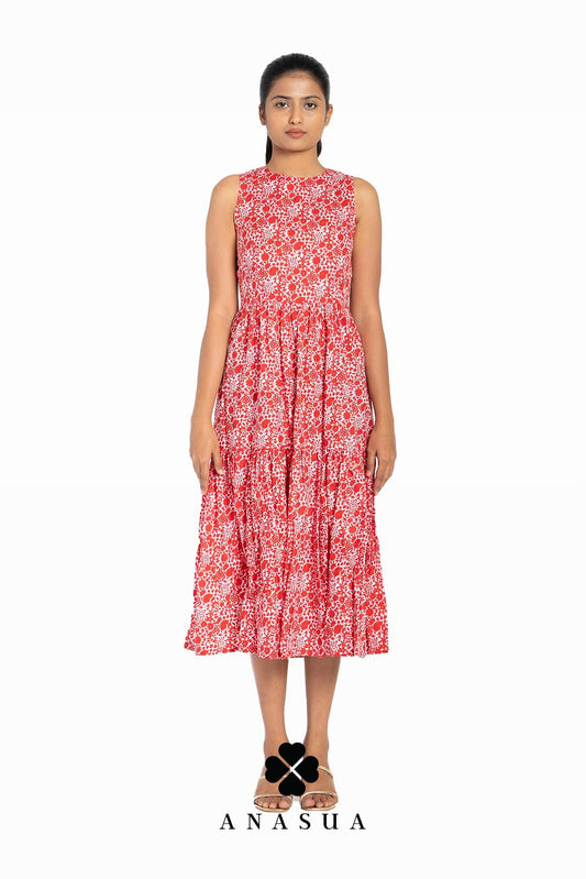 Red Tiered Midi Sundress with Floral Print | Anasua