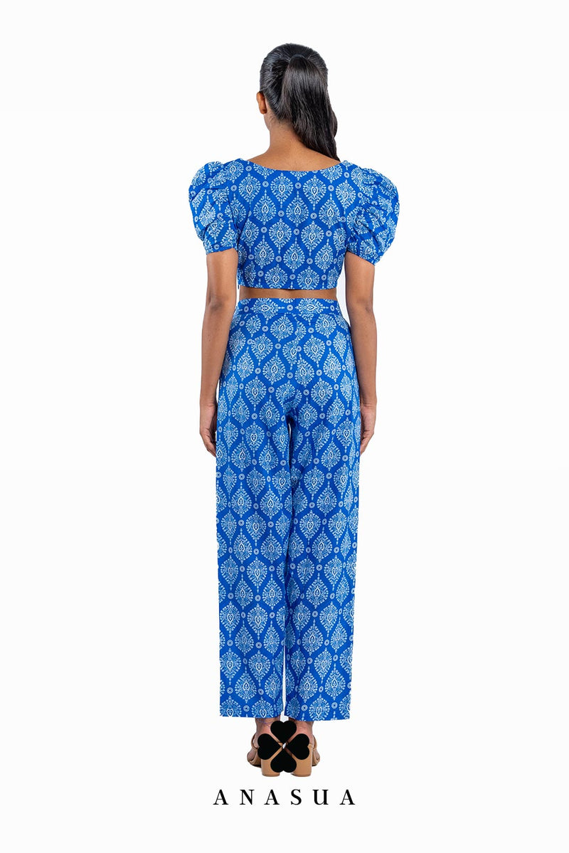 Royal Blue Floral Puff Sleeve Crop Top & Pant Co-Ord Set | Anasua