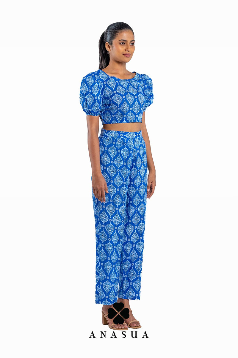 Royal Blue Floral Puff Sleeve Crop Top & Pant Co-Ord Set | Anasua