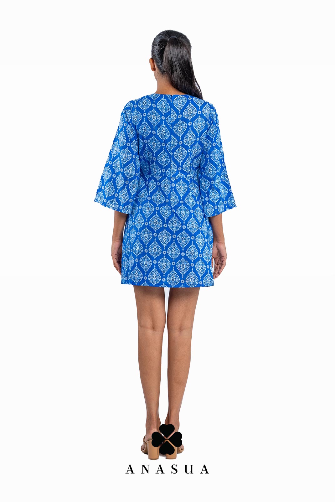 Royal Blue Printed Bell Sleeve Short Dress | Anasua