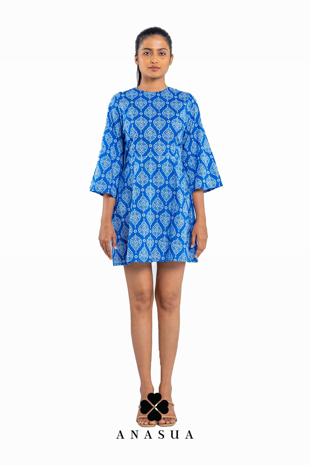 Royal Blue Printed Bell Sleeve Short Dress | Anasua