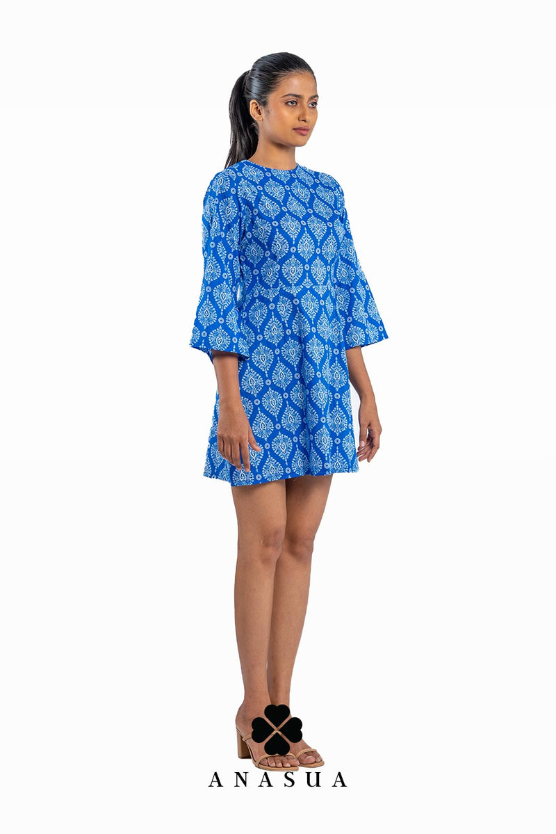 Royal Blue Printed Bell Sleeve Short Dress | Anasua